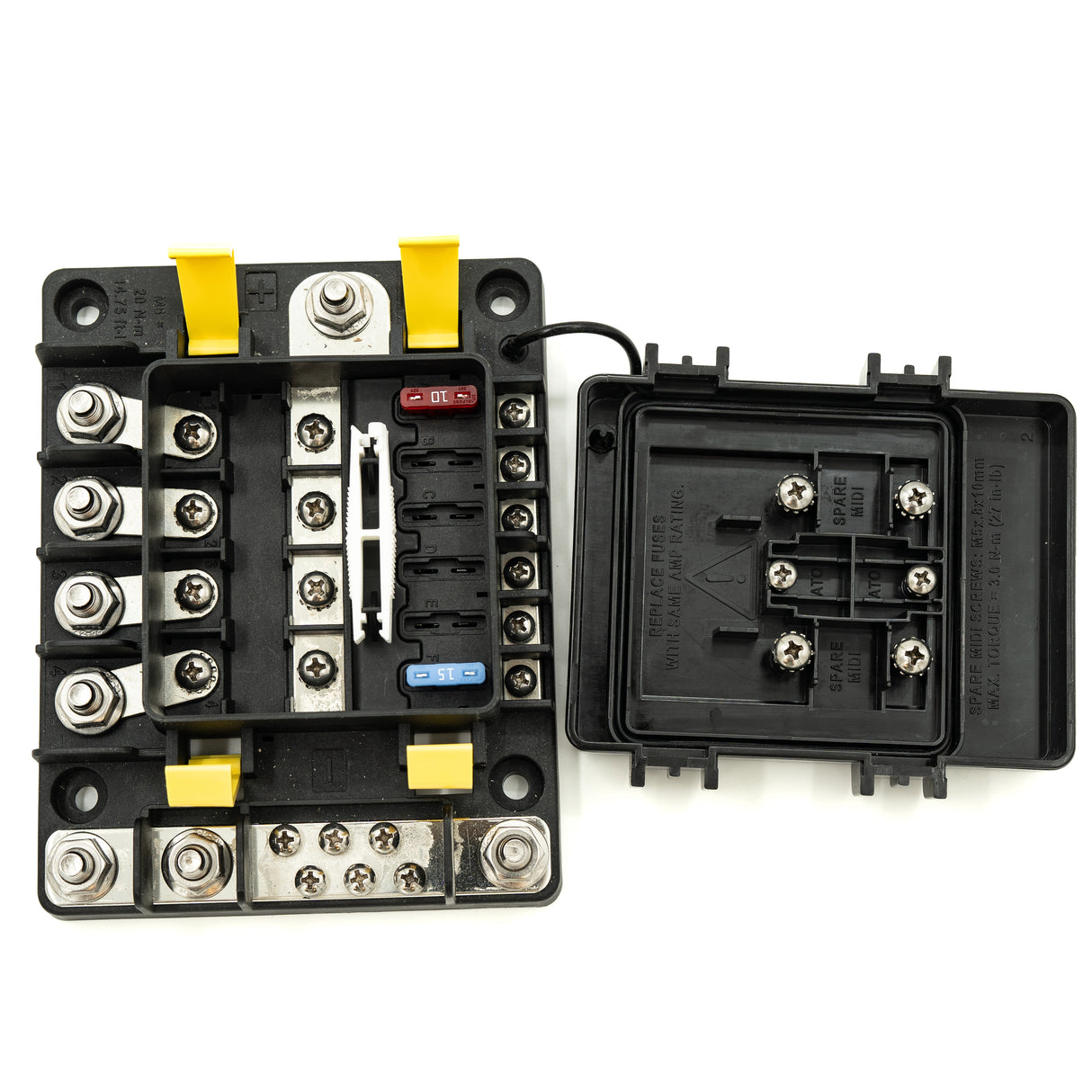 POWER DISTRIBUTION MODULE USING 4 MIDI FUSES, 6 ATC FUSES, AND COMMON GROUND PAD