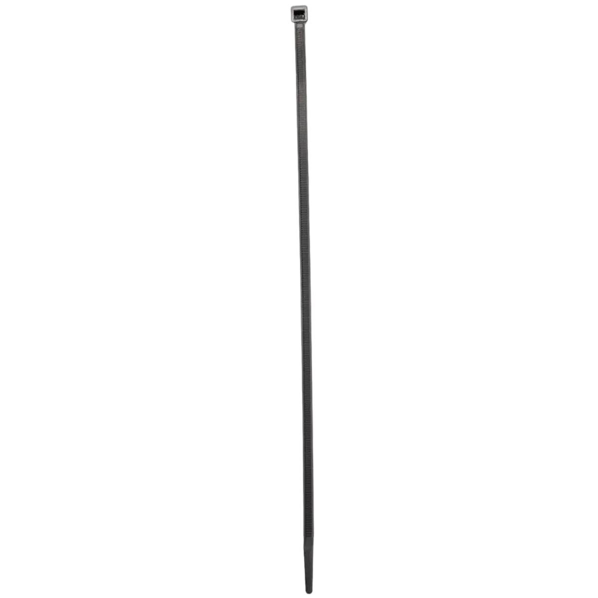 A single black nylon cable tie against a white background.