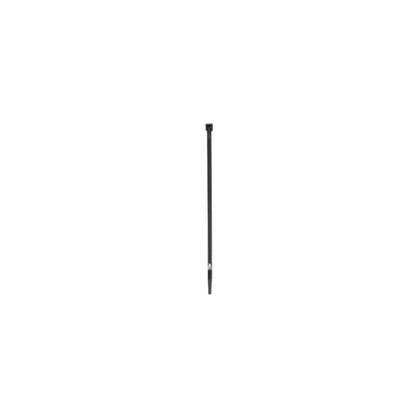 A single black nylon cable tie against a white background.