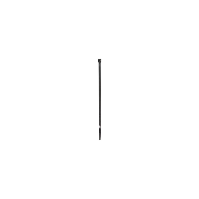 A single black nylon cable tie against a white background.